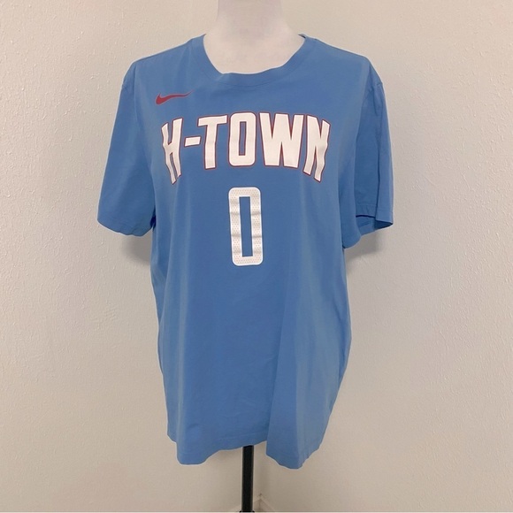 NBA Nike Tee H-Town “Russell Westbrook 0” Light Blue Name & Number T-Shirt XL - Picture 2 of 5